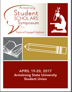 2017 Armstrong State University Student Scholars Symposium with outlined photos of an open book, pencil with eraser, and a microscope.