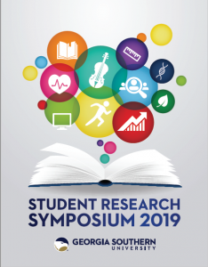 2019 Research Symposium Cover Page focusing on an open book with bubbles rising from it carrying STEM, Health, Music, Athletics, and Business Logos in a rainbow of colors.