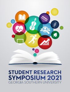 2021 Research Symposium Cover Page displaying STEM, Health, Music, Athletics, Business, and Computer Logos rising from an open book.