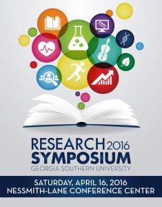 2016 GS Research Symposium advertisement with assorted logos floating in a rainbow of colored bubbles above an open book.